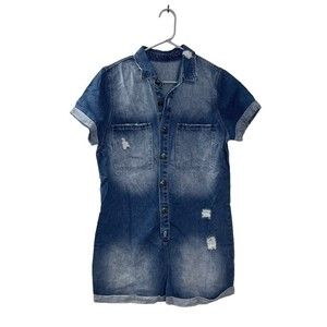 Woman’s Large Denim Distressed Jean Short Sleeve Romper